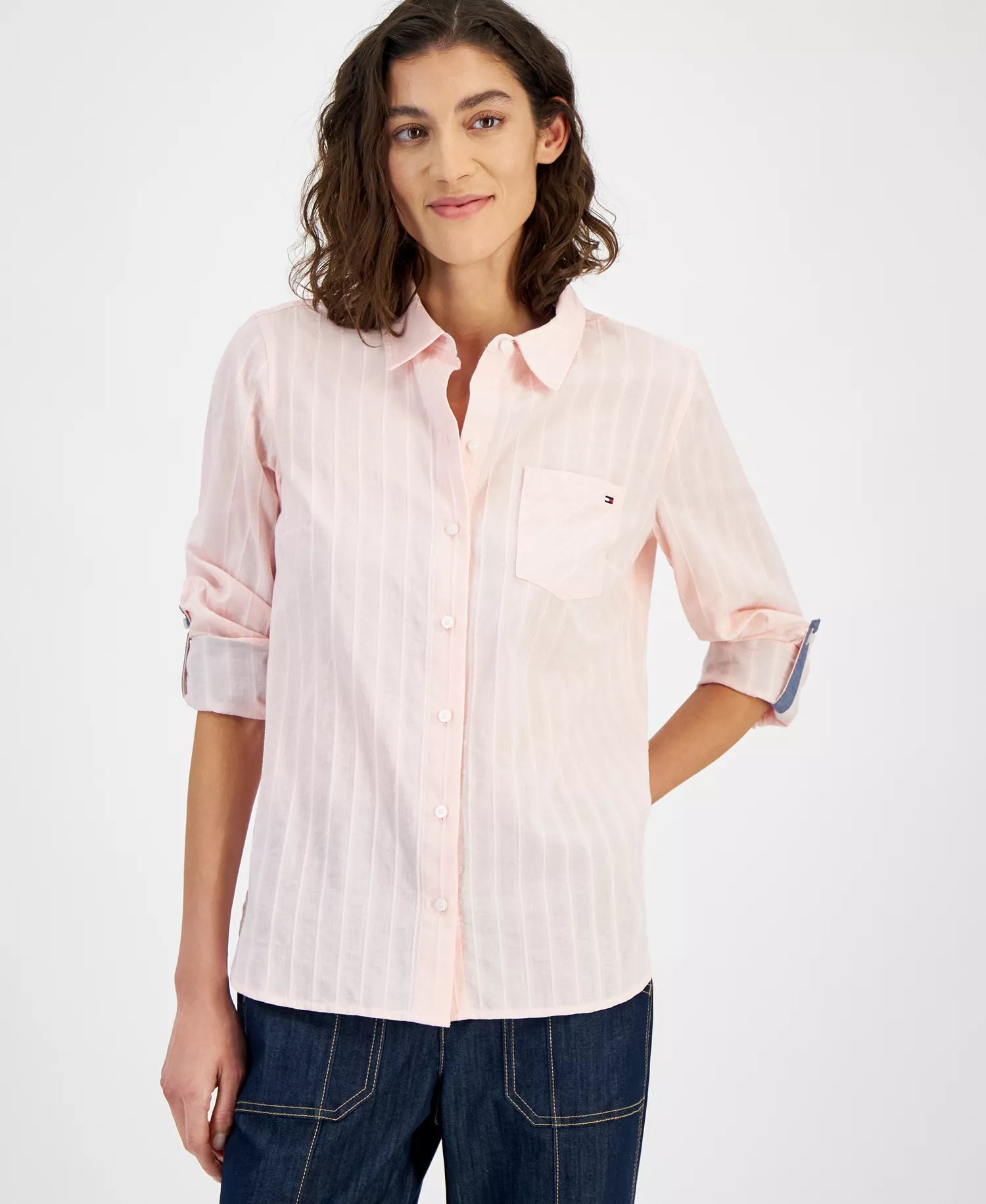 Tommy Hilfiger Women's Pink Singy Dobby Roll-Tab Cotton Shirt |Tommy Hilfiger In Lebanon