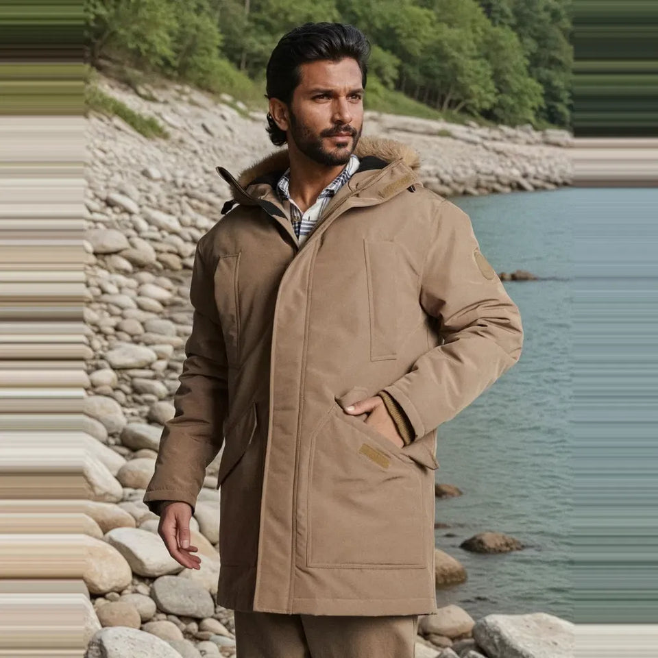 A man wearing a tan hooded parka jacket with a fur-trimmed collar stands on a rocky lakeshore, with water and trees in the background.