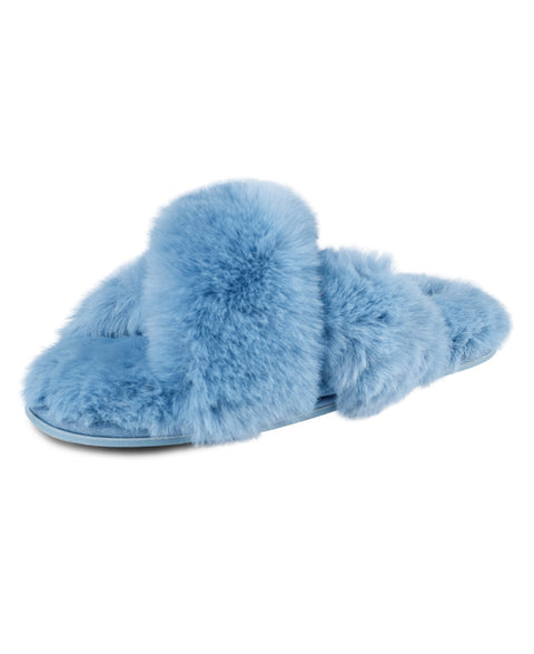 Blue fluffy slippers on a white background