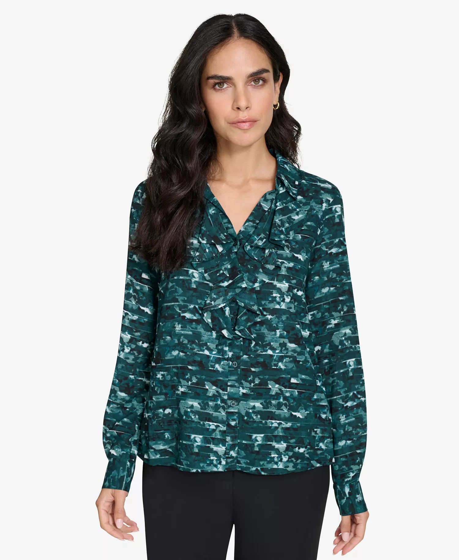 Calvin Klein Women's Dark Green Printed Ruffle-Trim Button-Front Shirt | Calvin Klein In Lebanon