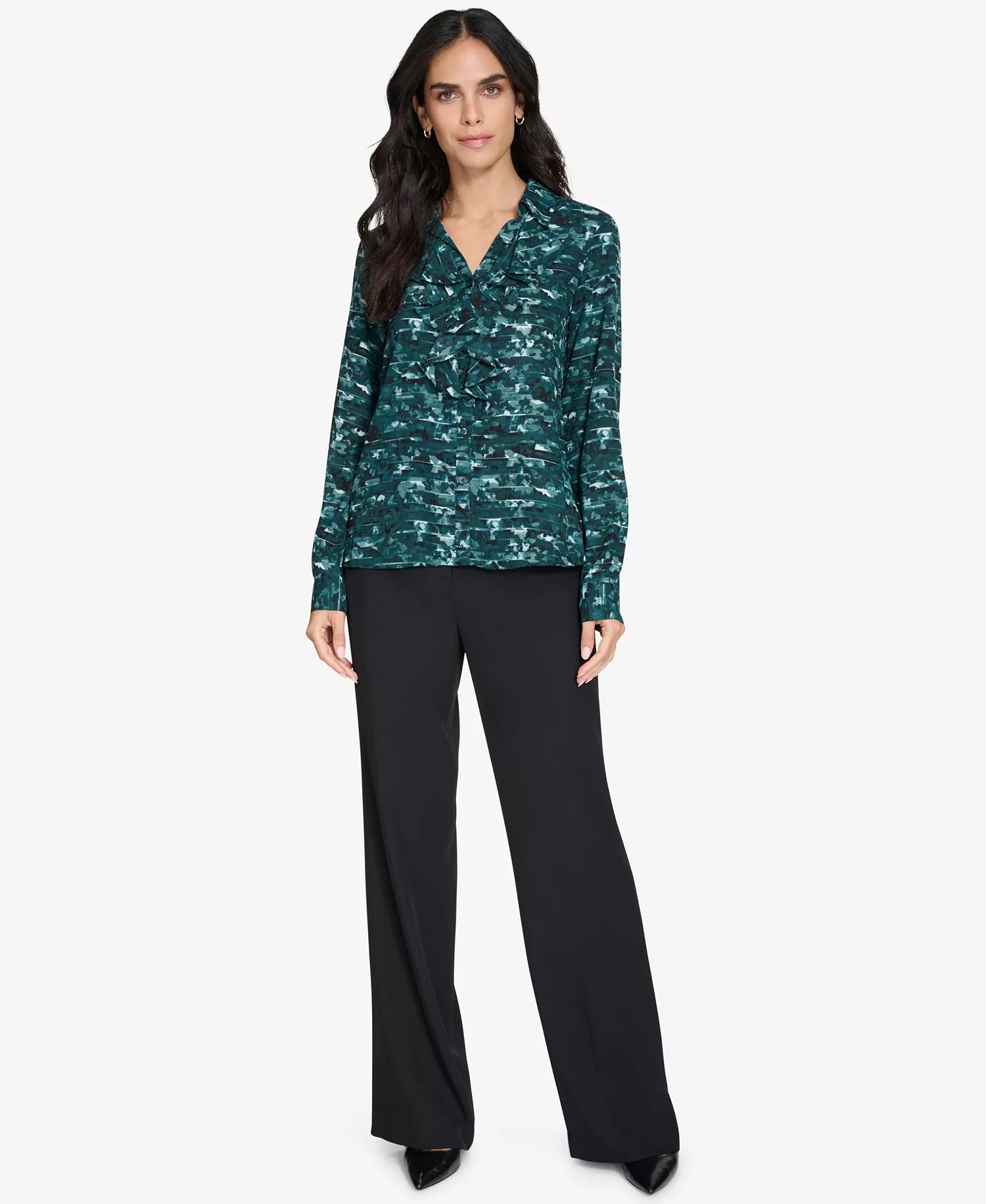 Calvin Klein Women's Dark Green Printed Ruffle-Trim Button-Front Shirt | Calvin Klein In Lebanon