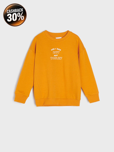 Orange sweatshirt with text on a light gray background