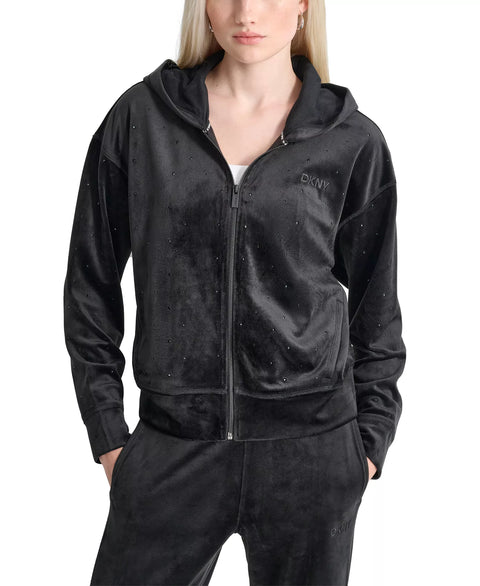 DKNY Women’s Midnight-Black Velour Rhinestone Zip Hoodie | DKNY in Lebanon