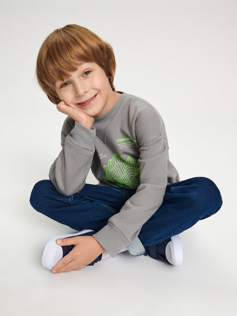 Child wearing a gray sweatshirt with a green graphic and blue jeans sitting on a white background