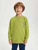 Child wearing a green sweatshirt with a logo on a white background