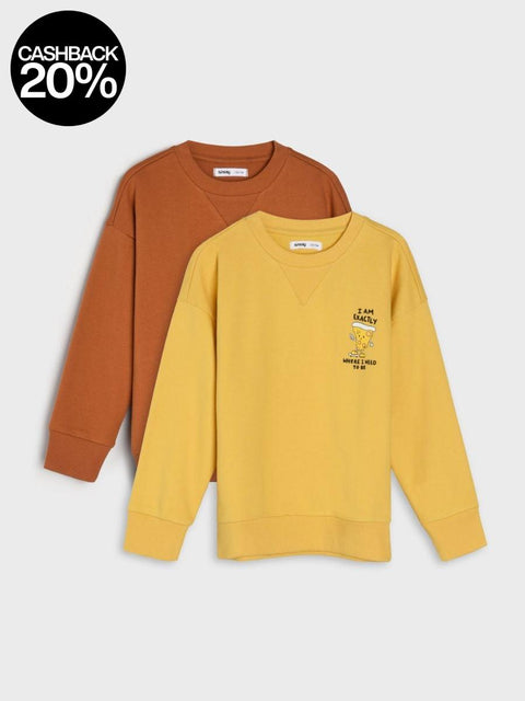 Two sweatshirts, one brown and one yellow with a graphic, on a light gray background.