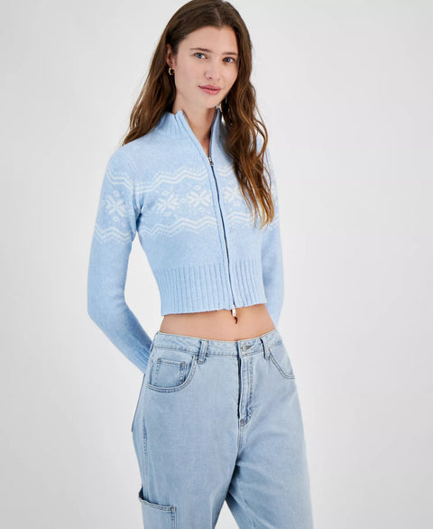 Planet Heart Women's Light Blue Fair Isle Zip-Front Sweater - Light Heather Jacket | Planet Heart In Lebanon