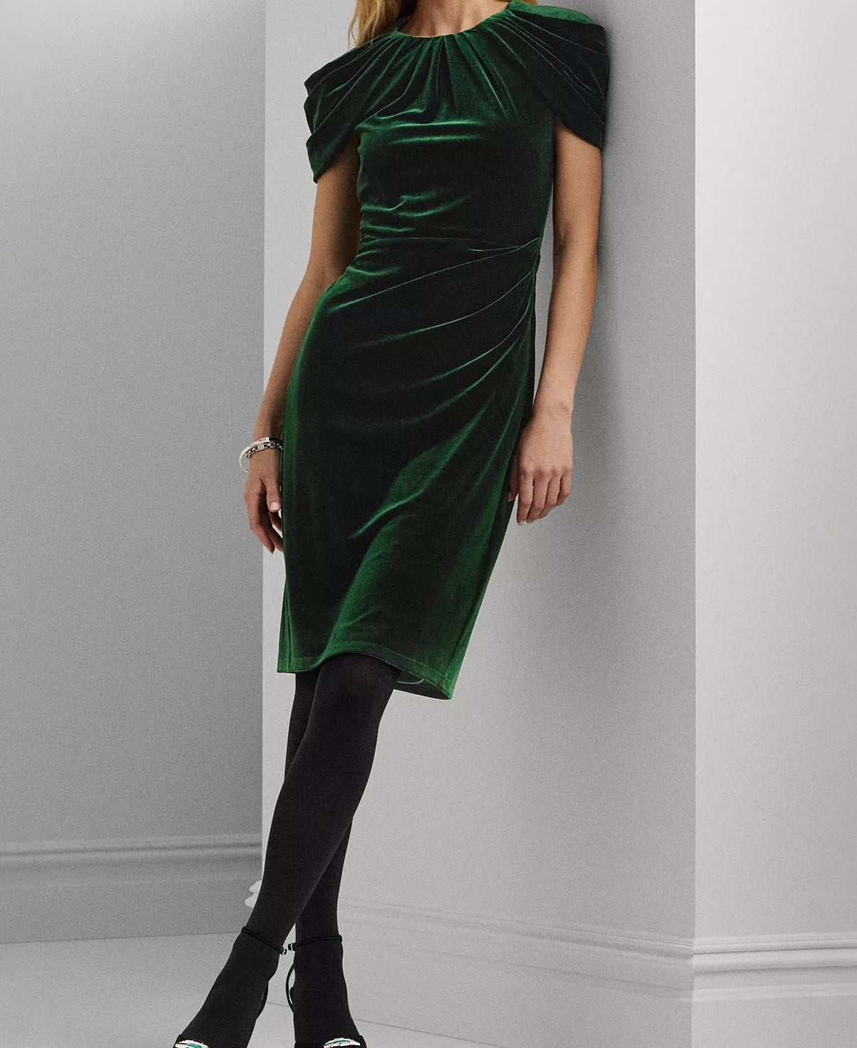 Lauren Ralph Lauren Women’s Dark Green Ruched Velvet Dress  |Lauren Ralph Lauren In Lebanon