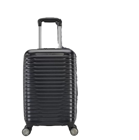 Black suitcase with a textured surface on a white background