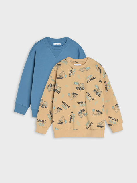 Two sweatshirts, one blue and one beige with prints, on a light gray background.