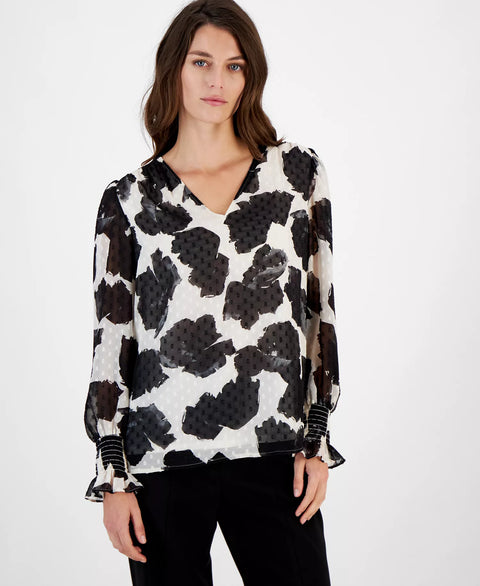 Anne Klein Women's Black/White Printed V-Neck Long-Sleeve Blouse | Anne Klein In Lebanon