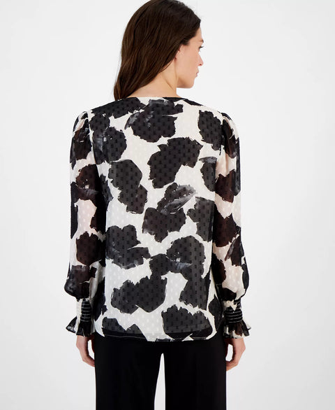 Anne Klein Women's Black/White Printed V-Neck Long-Sleeve Blouse | Anne Klein In Lebanon