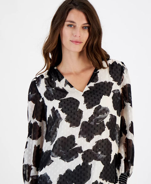 Anne Klein Women's Black/White Printed V-Neck Long-Sleeve Blouse | Anne Klein In Lebanon
