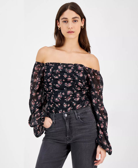 Celebrity Pink Women's Black Juniors' Ruched Long-Sleeve Bodysuits | Celebrity Pink In Lebanon