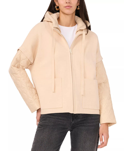 Vince Camuto Women's Beige Quilted-Sleeve Mixed-Media Hooded Jacket | Vince Camuto In Lebanon