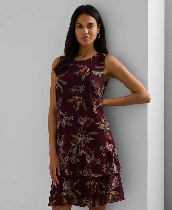 Lauren Ralph Lauren Women's Plum Floral Crinkle Georgette Shift Dress | Lauren Ralph Lauren In Lebanon