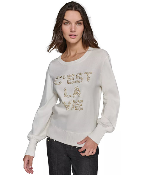 Karl Lagerfeld Paris Women's Off White C'est La Vie Faux-Pearl-Embellished Sweater  |Karl Lagerfeld Paris in Lebanon