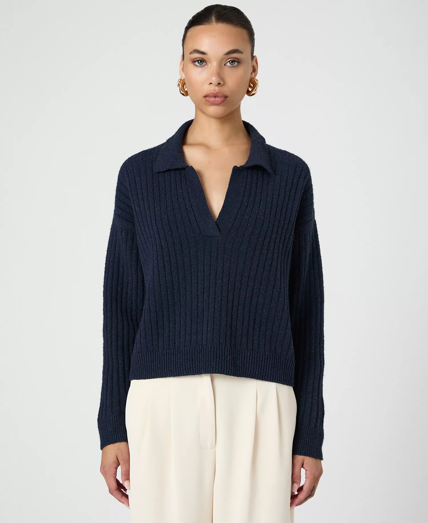 French Connection Women's Navy Vhari Collared Long-Sleeve Sweater | French Connection In Lebanon
