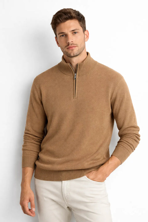 Perry Ellis Men's Camel Micro Check Quarter-Zip Sweater |Perry Ellis In Lebanon
