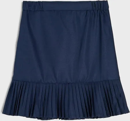 Navy blue pleated skirt on a light gray background