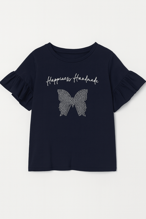 Reserved Girl's Navy Butterfly Rhinestone Ruffle Sleeve T-shirt | Reserved In Lebanon