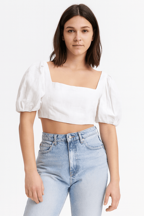 Forever 21 Women's White Linen-Blend Puff Sleeve Crop Top | Forever 21 In Lebanon