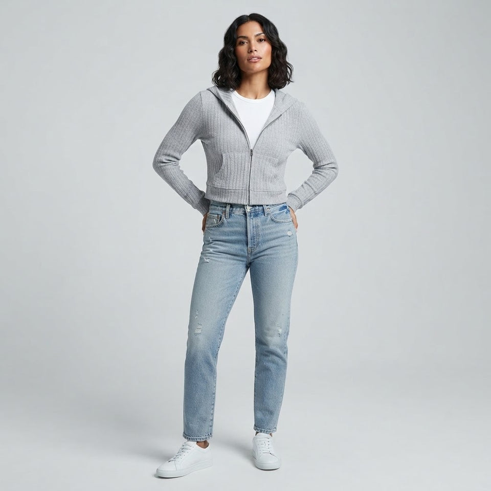 Self Esteem Women's Grey Ribbed Knit Cropped Jacket