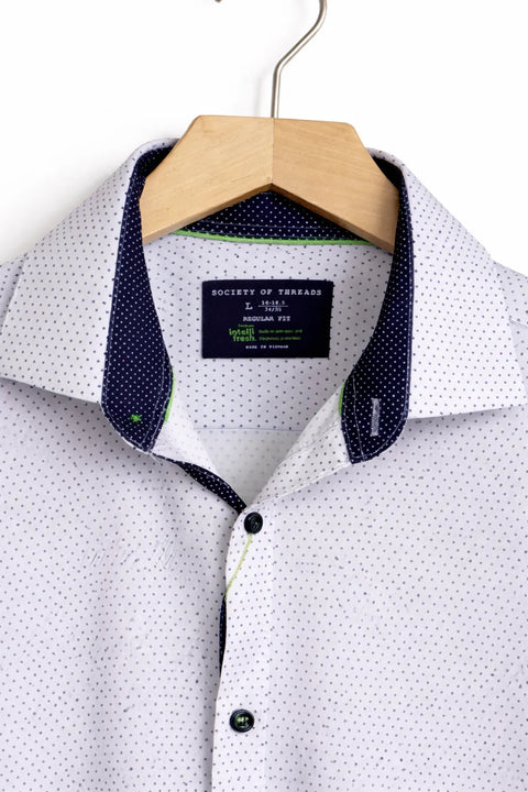 Society of Threads Men's White & Navy Doted Regular Fit Dress Shirt | Society of Threads In Lebanon