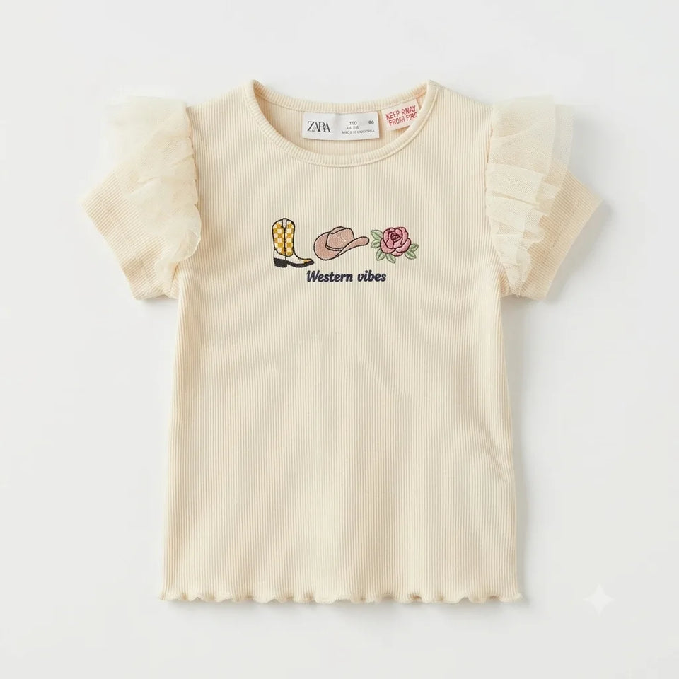 Zara Girl's Cream Ribbed Ruffle Sleeves T-Shirts | Zara In Lebanon