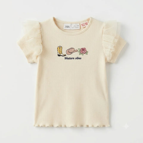 Zara Girl's Cream Ribbed Ruffle Sleeves T-Shirts | Zara In Lebanon