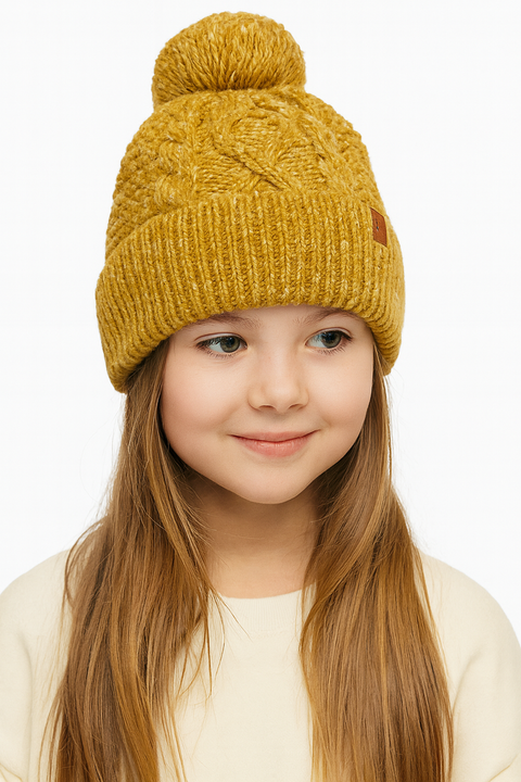 POMPdeLUX Girl's Dusty Yellow Fuzzy Knit Beanie |POMPdeLUX in Lebanon