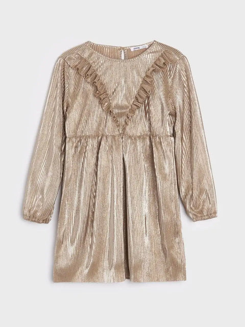 Gold metallic dress with ruffled neckline on a white background
