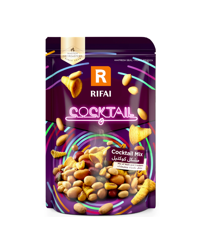 Packaging of Al Rifai Cocktail Mix featuring a mix of nuts and chips with oriental flavors.