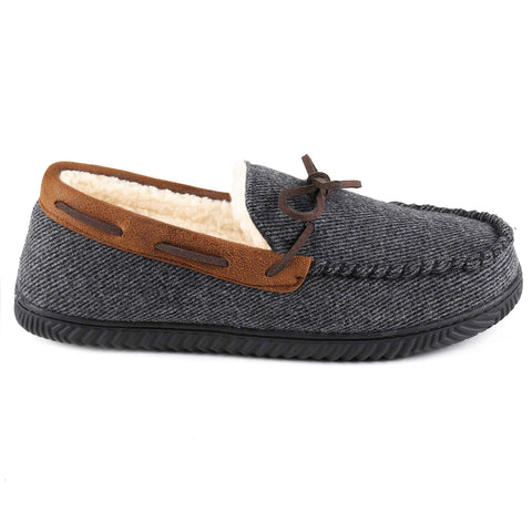 Gray moccasin slipper with brown accents on a white background