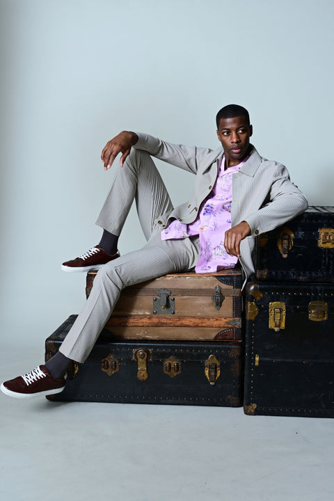 Paisley & Gray Men's Gray & Beige Slim Fit Long Sleeve Seersucker Button-Front Jacket | Paisley & Gray In Lebanon