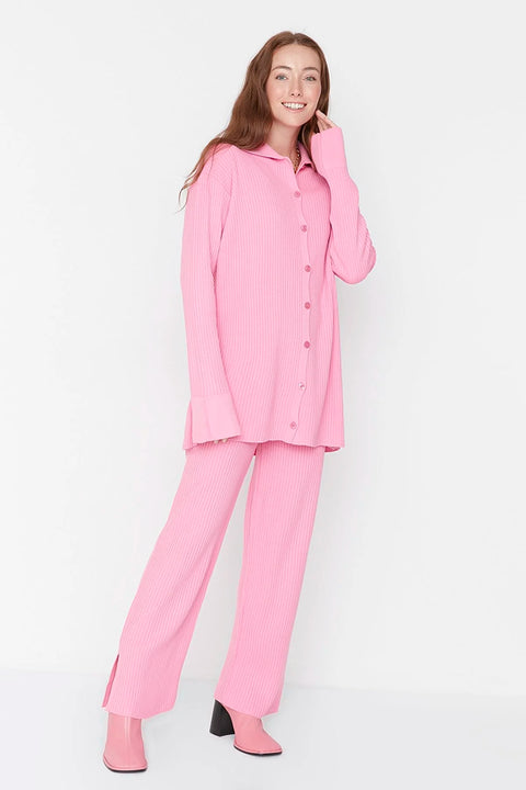 SD Women's  Pink Slit Detailed Cardigan-Pants Knitwear Suit TR632