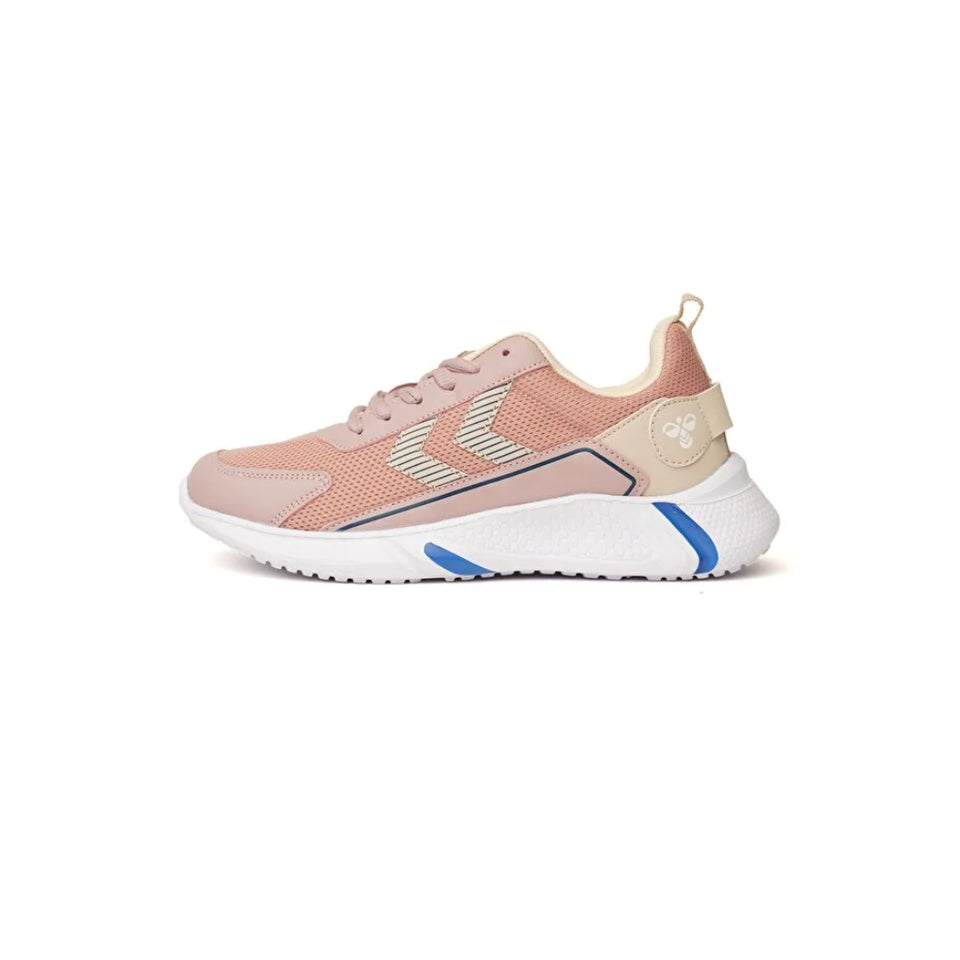 A single women's athletic sneaker shown in profile against a solid white background. The shoe features a dusty pink mesh upper, beige synthetic overlays, a white midsole, and blue accent details on the heel and sole.