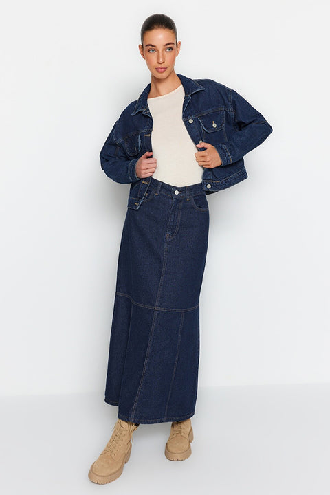 SD Women's  Navy Blue Denim Skirt With Stitching Detail TR646