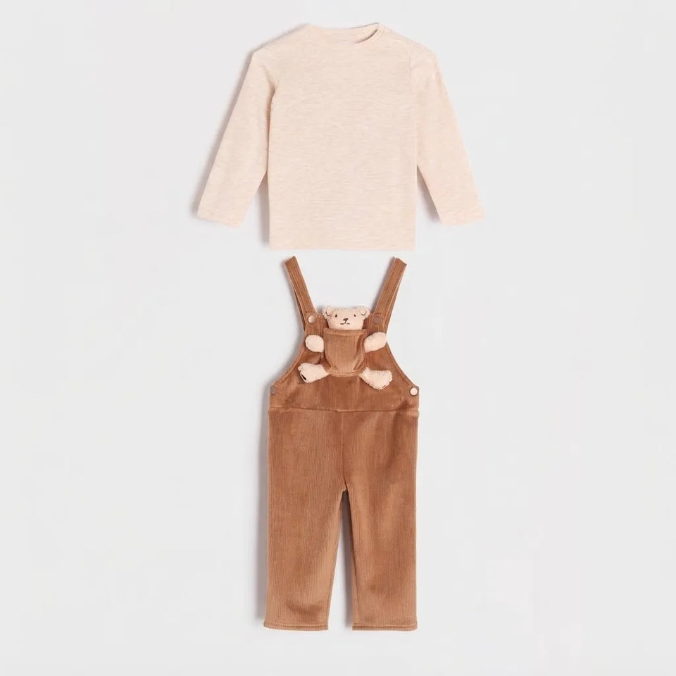 Sinsay Baby Boy's Light Pink Blouse and Brown Dungarees with Adjustable Shoulder Straps 2 Piece Set