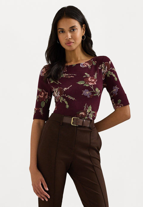 Lauren Ralph Lauren  Women's Burgundy Floral Stretch Cotton Boat Neck T-Shirt |Lauren Ralph Lauren  in Lebanon