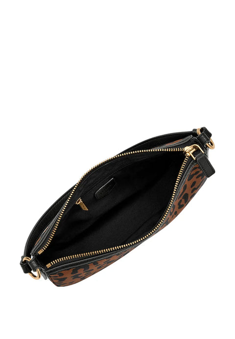 Leopard print handbag with gold zipper on a white background