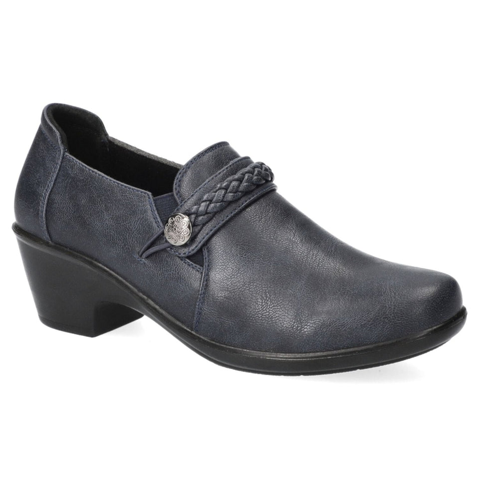A single women's slip-on shoe in dark navy blue faux leather, featuring a braided strap detail with a silver-tone decorative button on the side and a low block heel, shown against a plain white background.