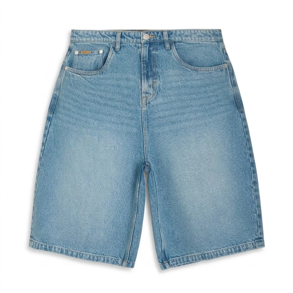 Light blue denim shorts with a high waist, front button closure, belt loops, and classic five-pocket design, shown flat on a white background.