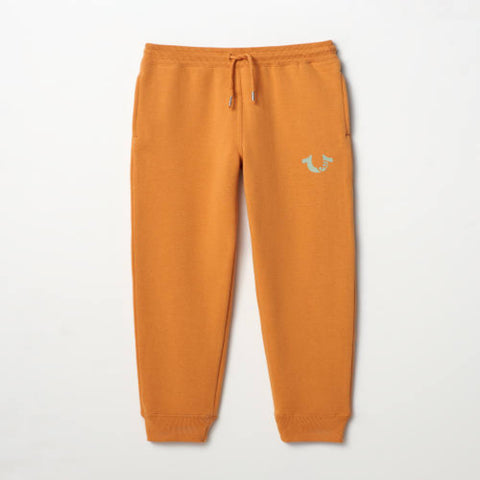 Orange sweatpants with a logo on a white background