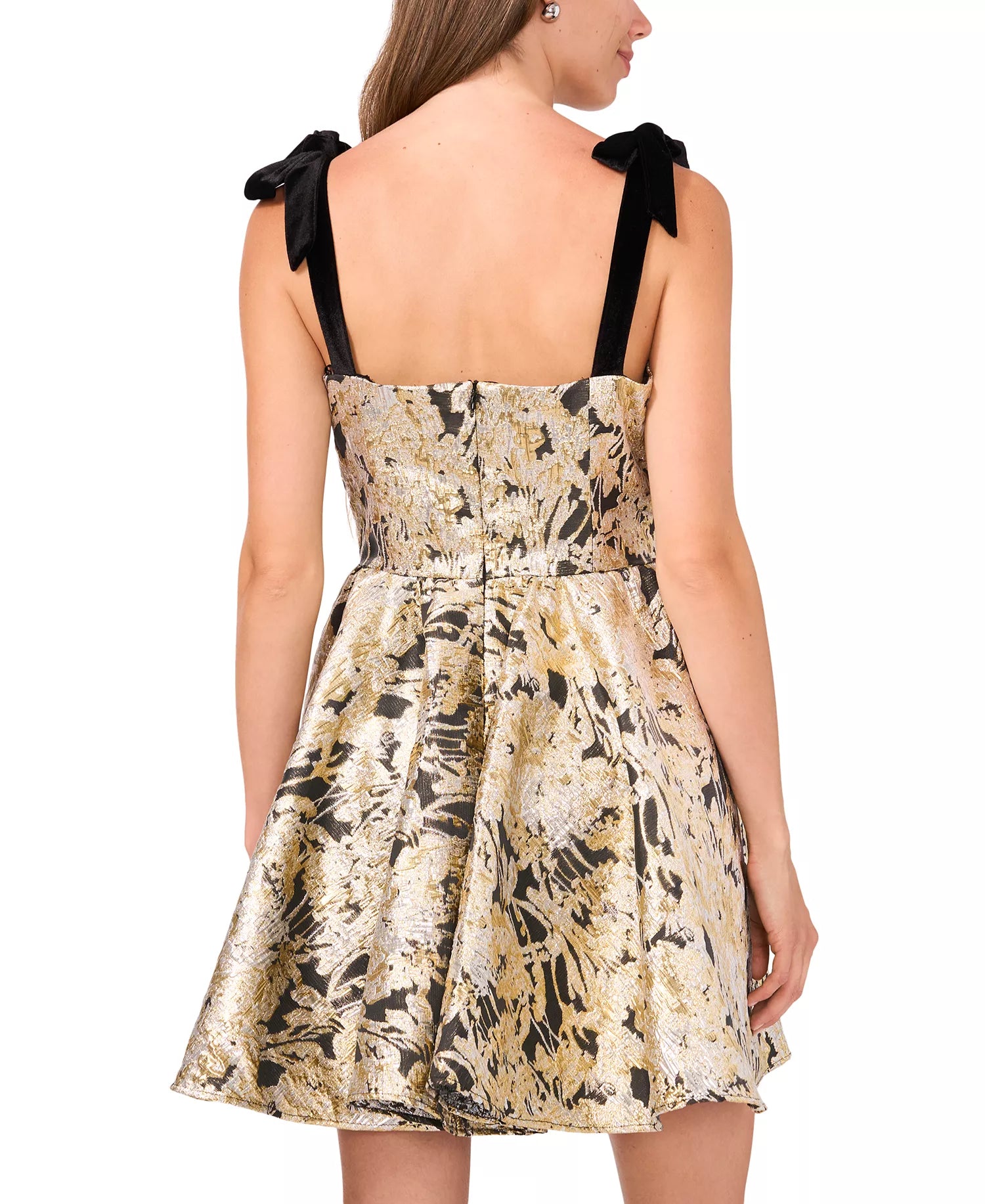 CeCe Women's Gold Printed Jacquard Shoulder-Tie Babydoll Dress | CeCe In Lebanon
