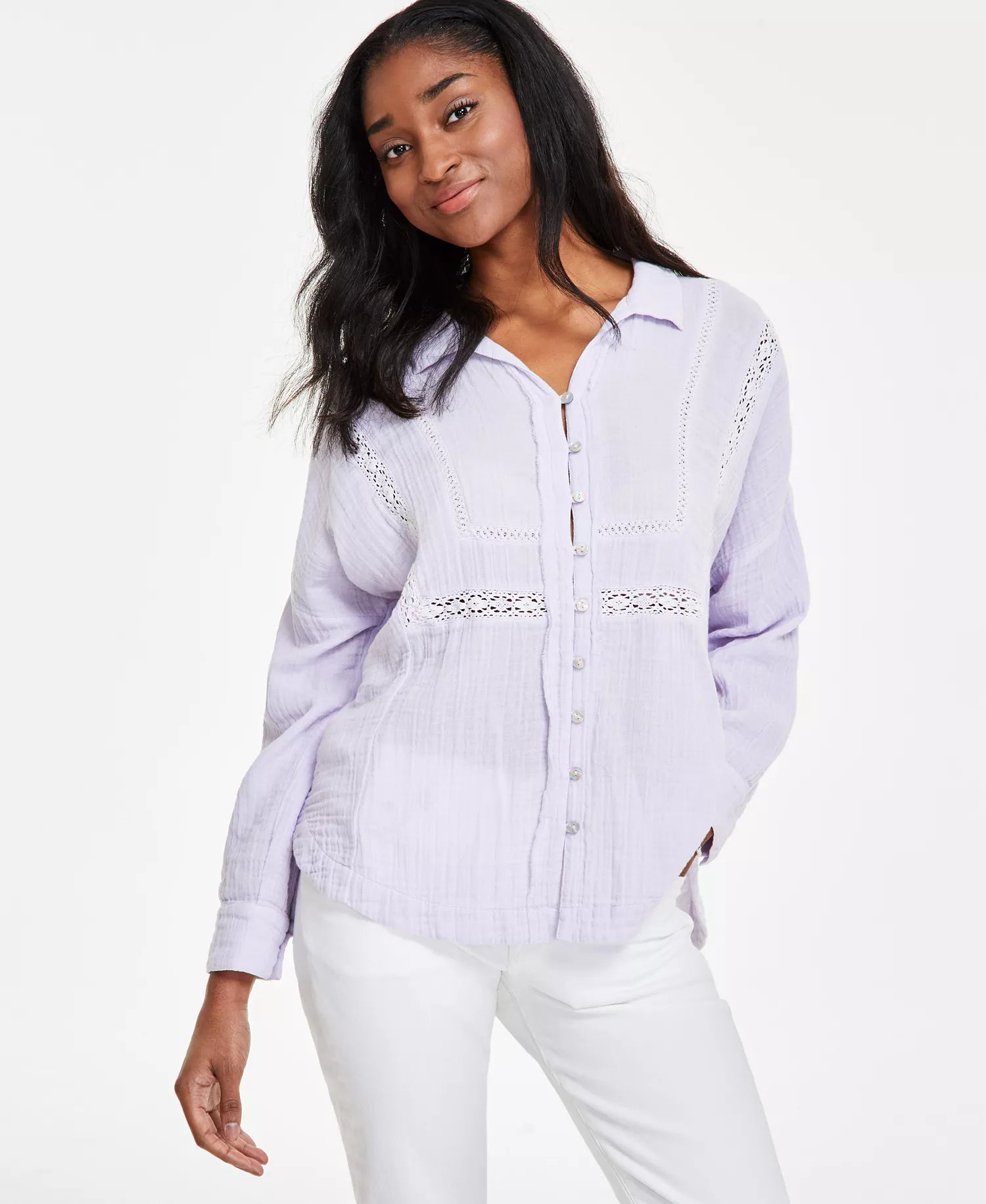Lucky Brand Women's Light Purple Lace-Trim Gauze Shirt | Lucky Brand in Lebanon