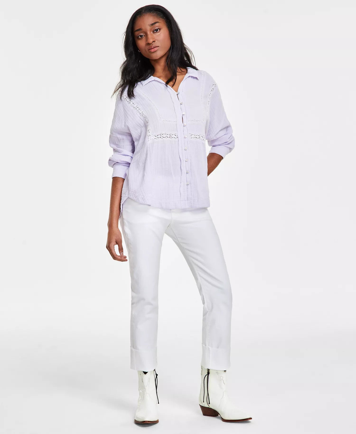 Lucky Brand Women's Light Purple Lace-Trim Gauze Shirt | Lucky Brand in Lebanon