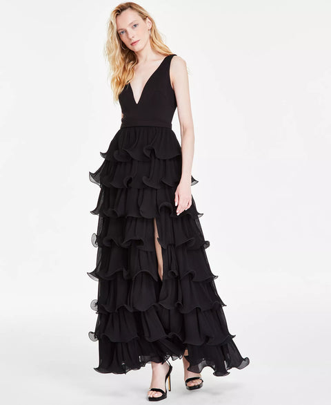 Betsy & Adam Women's Black  Tiered Long V-Neck Gown  Dress| Betsy & Adam  in Lebanon
