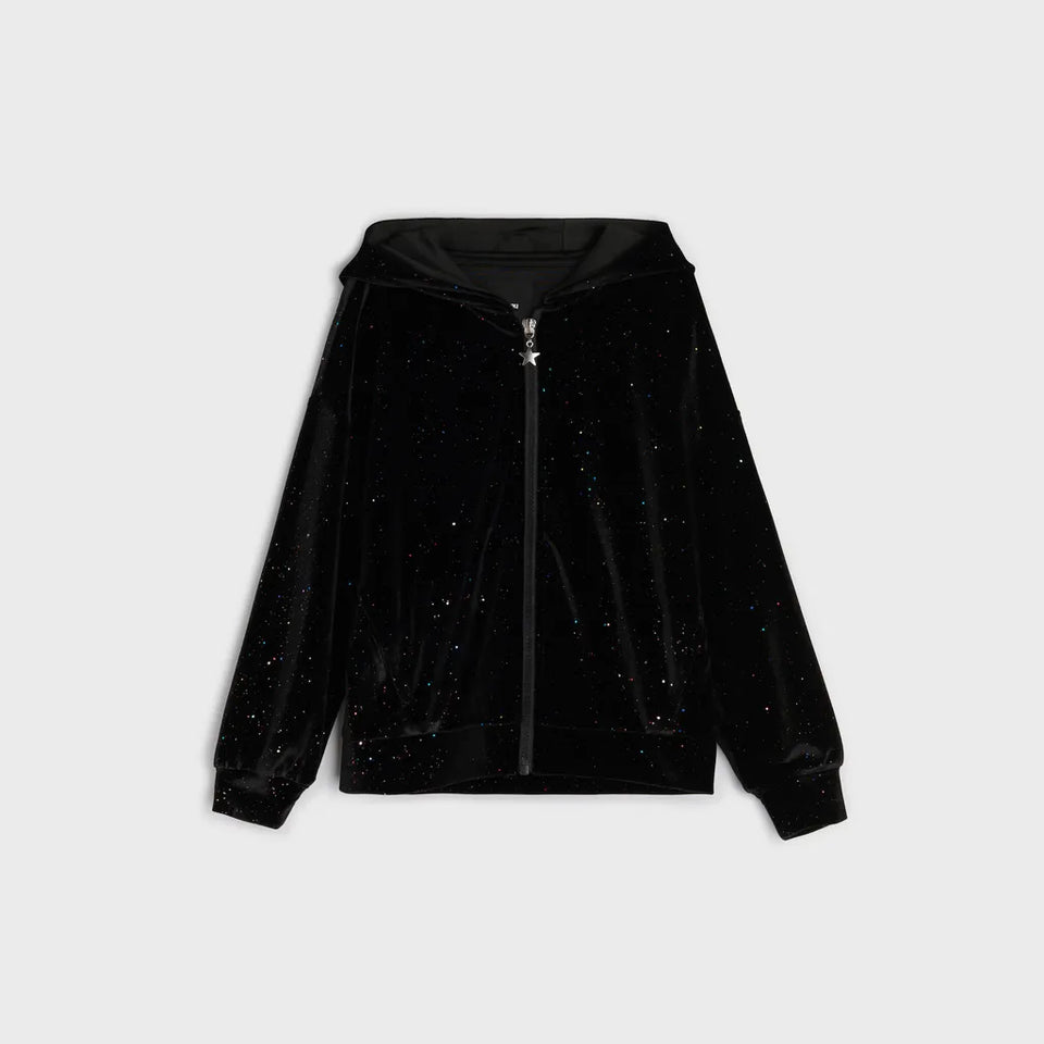 Sinsay Girl's Glittered Black Velour Zip-Up Hooded Jacket