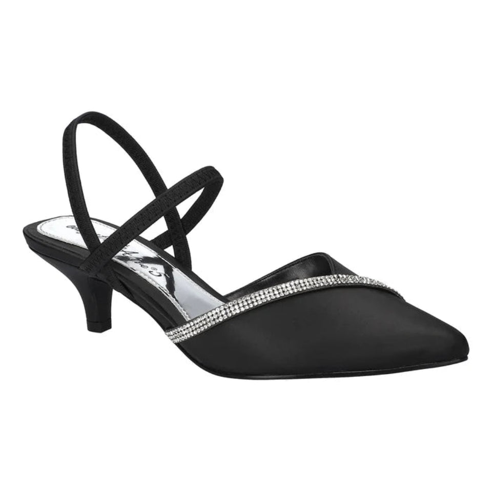 A single black satin slingback kitten heel shoe with a pointed toe and a decorative row of clear rhinestones across the instep, shown against a plain white background.